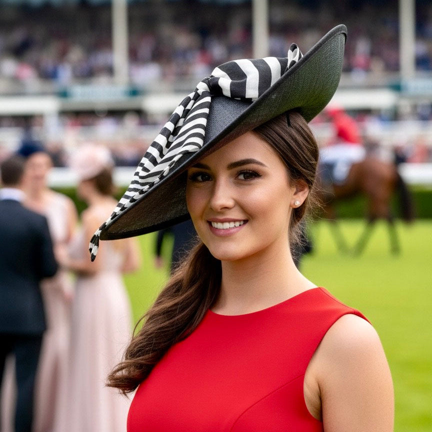 Couture Superby Saucer Headpiece with B/W Bow Carol Bader Design