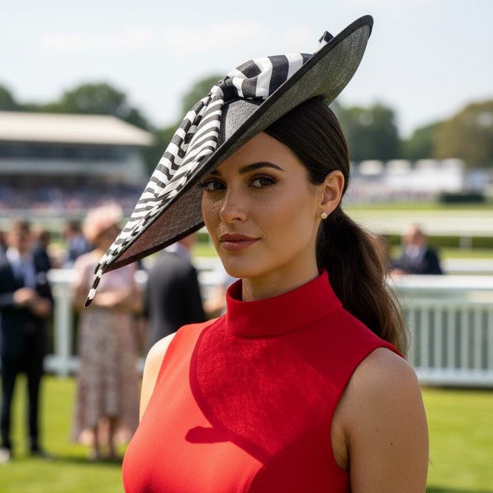 Couture Superby Saucer Headpiece with B/W Bow Carol Bader Design