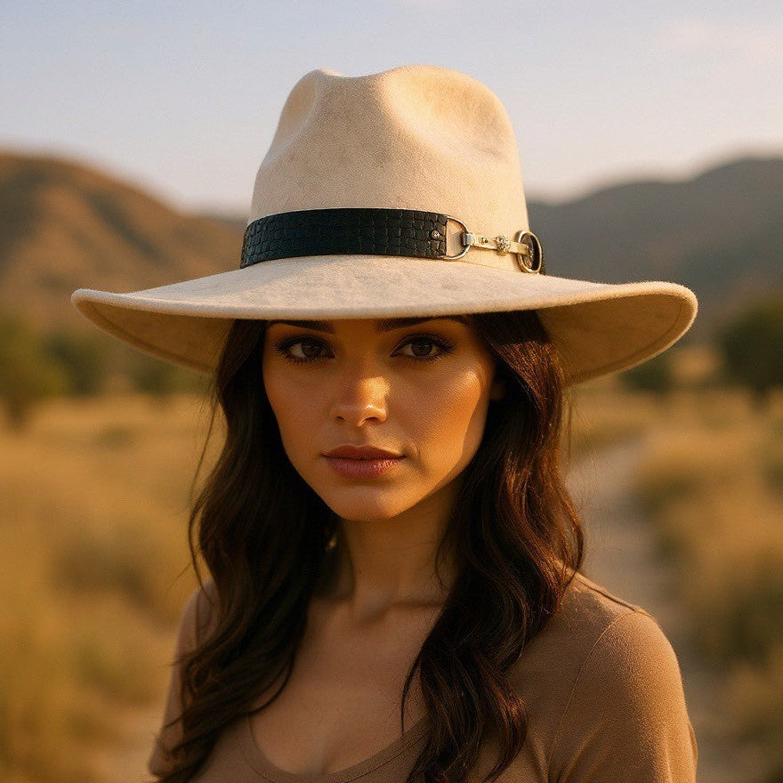 Alabaster/Black Croc Leather with Bit Wide Fedora