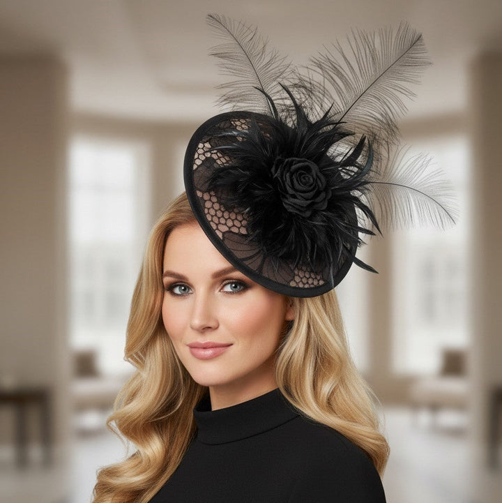 Blush/Black Poppy Overlay Disc headpiece Carol Bader Design