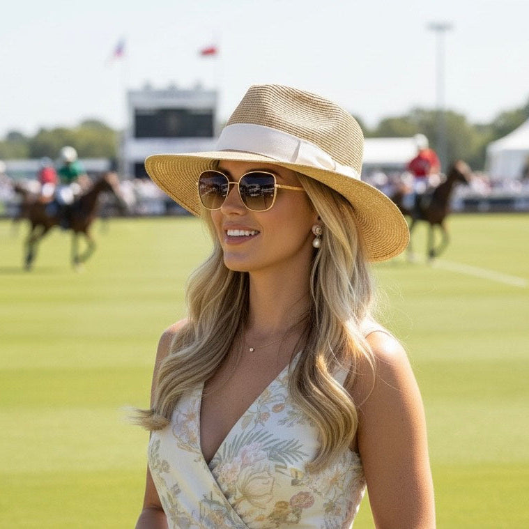 Monaco Milan Straw Fedora with white ribbon band Carol Bader Design