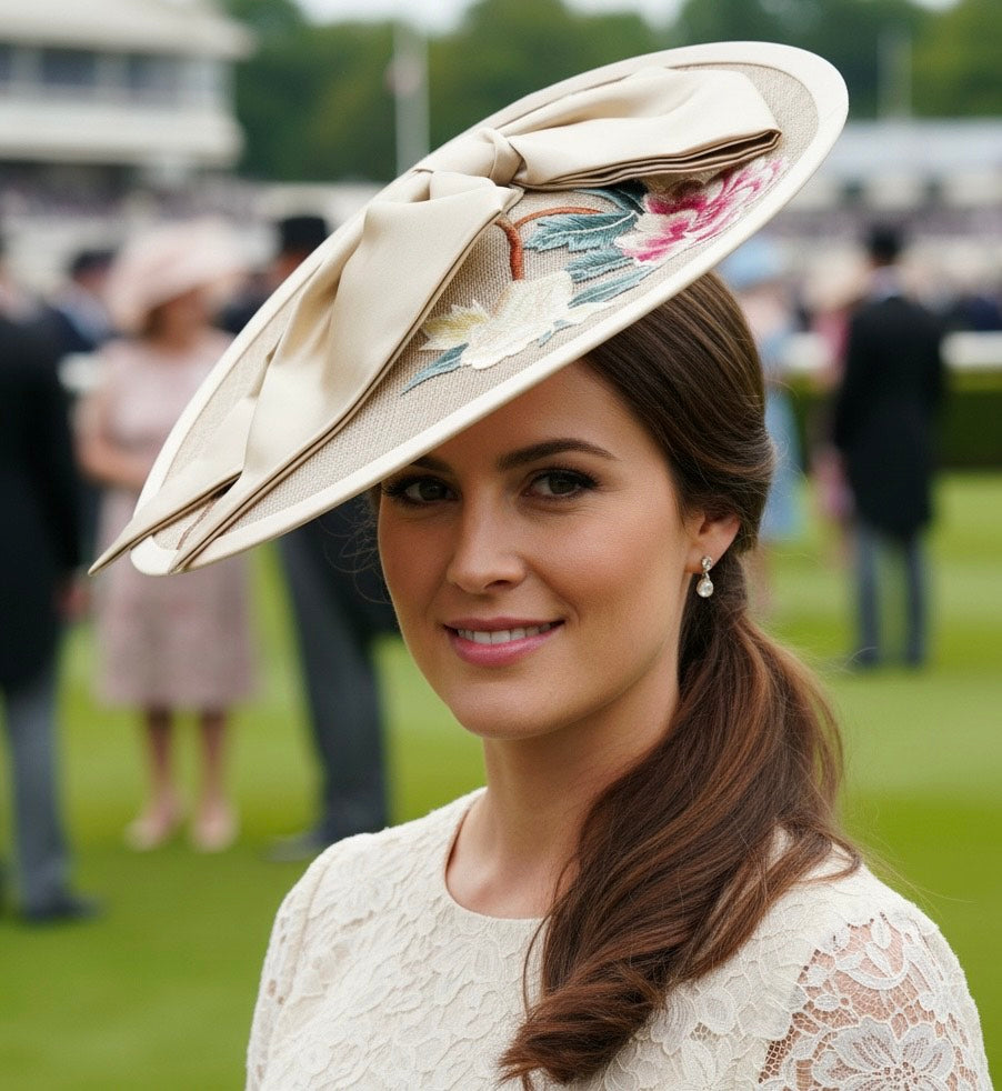 Nude Floral Saucer Headpiece with Bow Carol Bader Design