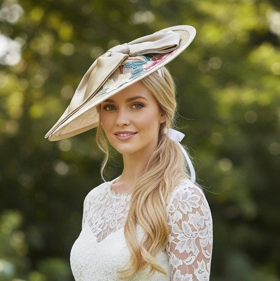 Nude Floral Saucer Headpiece with Bow Carol Bader Design