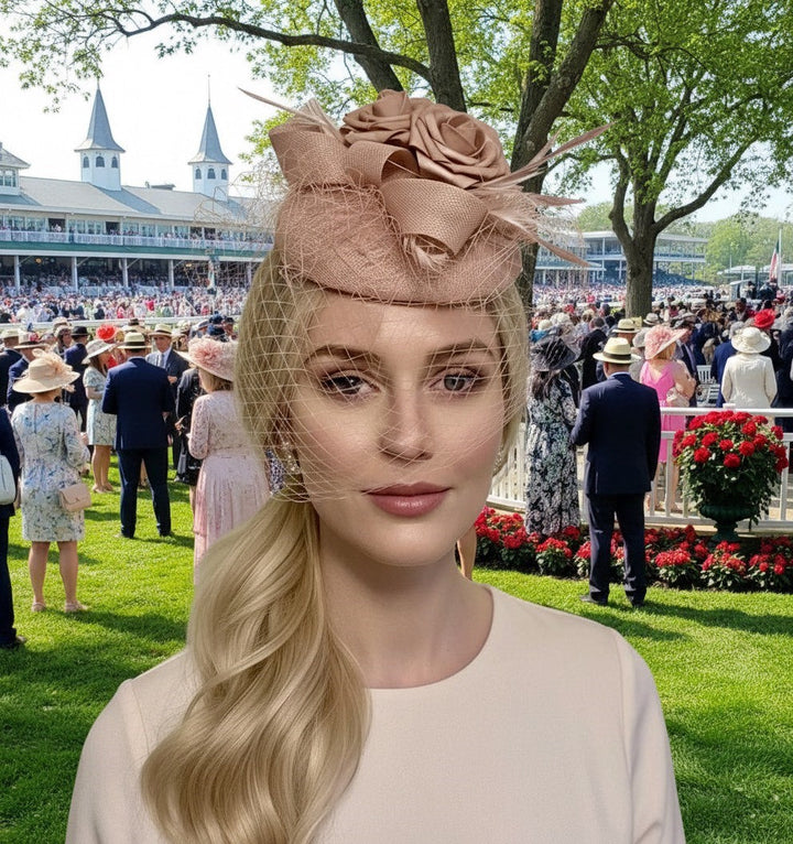 Blush Button Pillbox with netting and plume Carol Bader Design