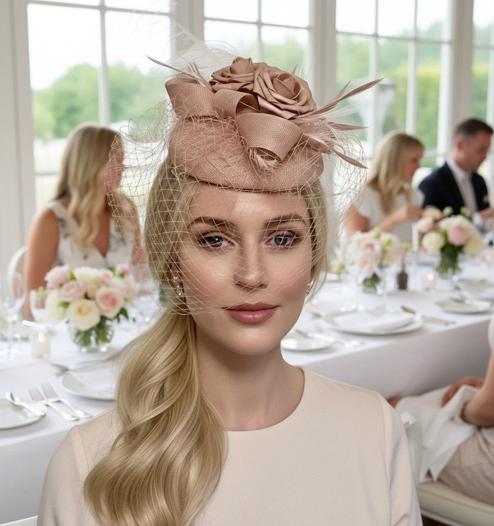 Blush Button Pillbox with netting and plume Carol Bader Design