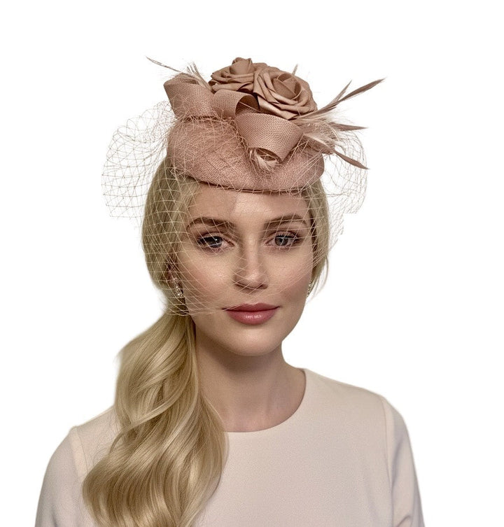 Blush Button Pillbox with netting and plume Carol Bader Design
