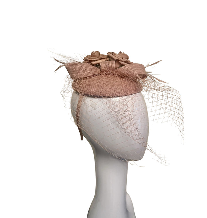 Blush Button Pillbox with netting and plume Carol Bader Design