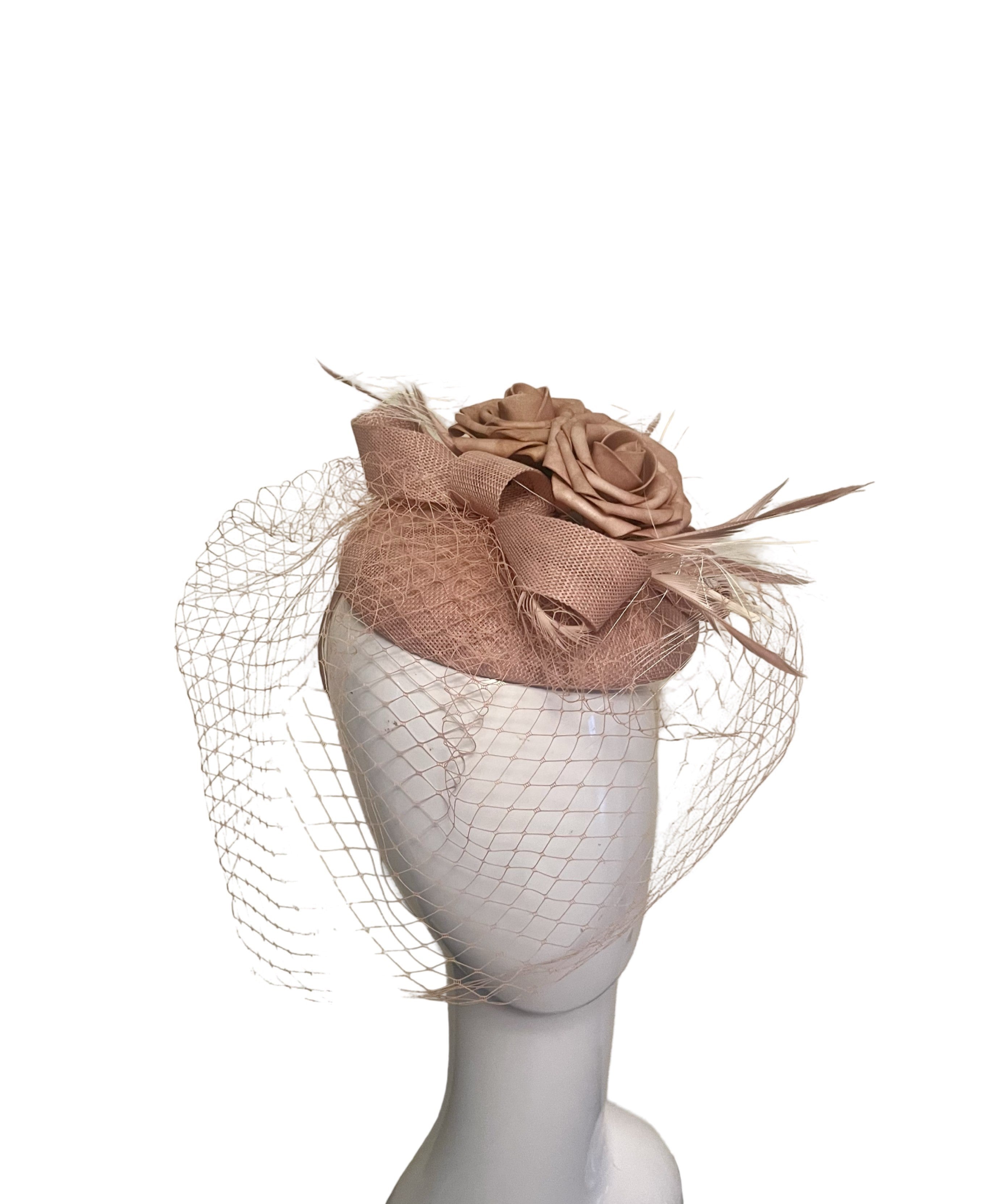Blush Button Pillbox with netting and plume Carol Bader Design