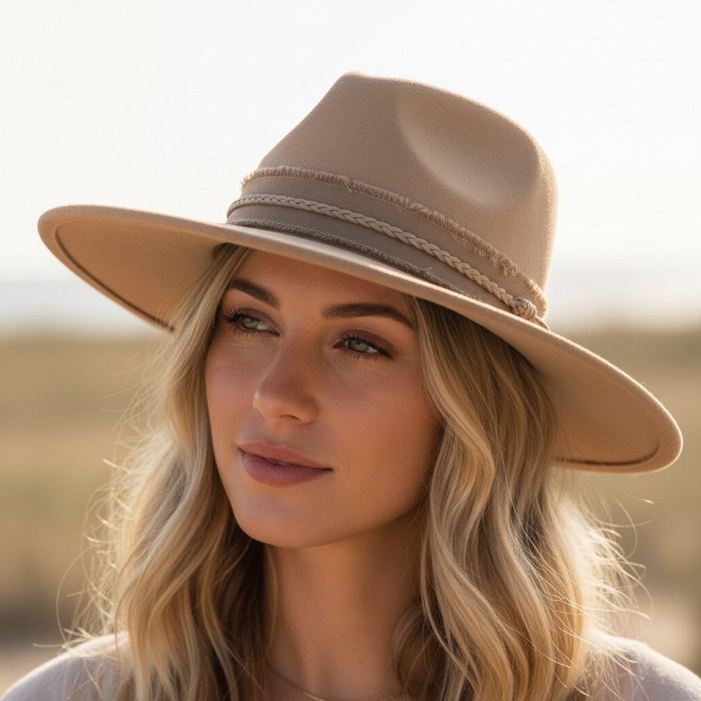 Tan Blush Distressed Wide Brim Fedora Carol Bader Design