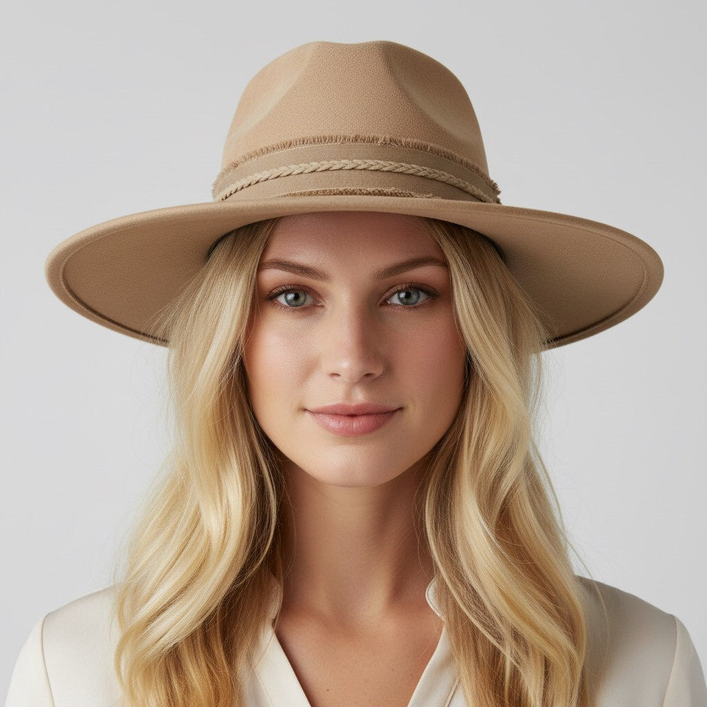Tan Blush Distressed Wide Brim Fedora Carol Bader Design