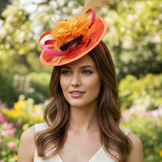 Custom Orange Multi Print Disc Fascinator Carol Bader Design