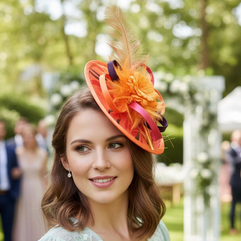 Custom Orange Multi Print Disc Fascinator Carol Bader Design