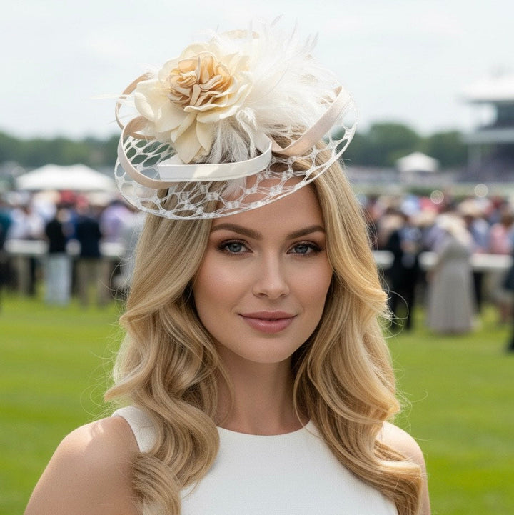 White Nude Netting Disc Fascinator Carol Bader Design
