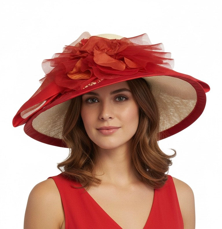 Couture Red & Ivory Derby Hat Carol Bader Design