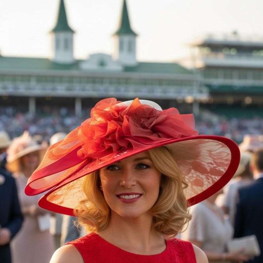 Couture Red & Ivory Derby Hat Carol Bader Design