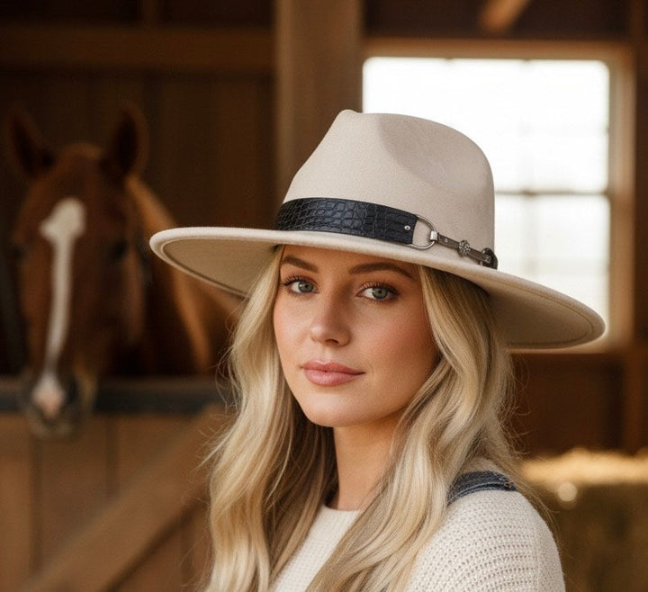 Alabaster/Black Croc Leather with Bit Wide Fedora Carol Bader Design