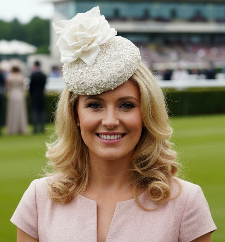 Couture Ivory Pearl Button Pillbox Headpiece Carol Bader Design