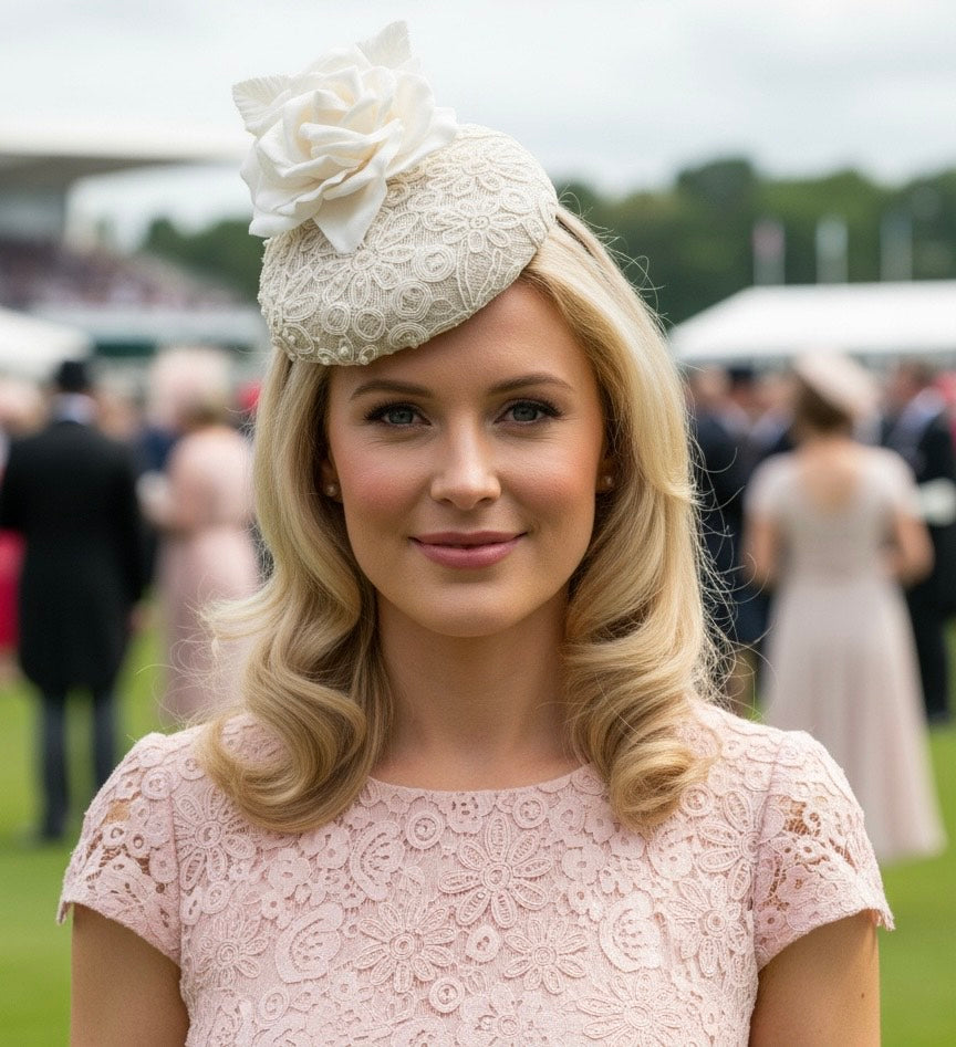 Couture Ivory Pearl Button Pillbox Headpiece Carol Bader Design