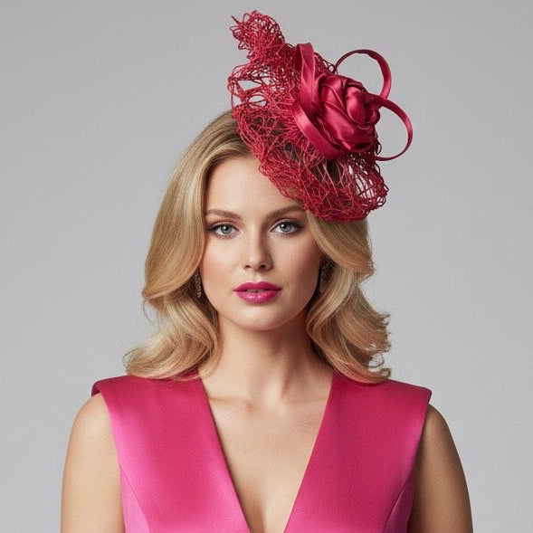 Twisted Bliss Disc Fascinator in Hot Pink /Red Carol Bader Design