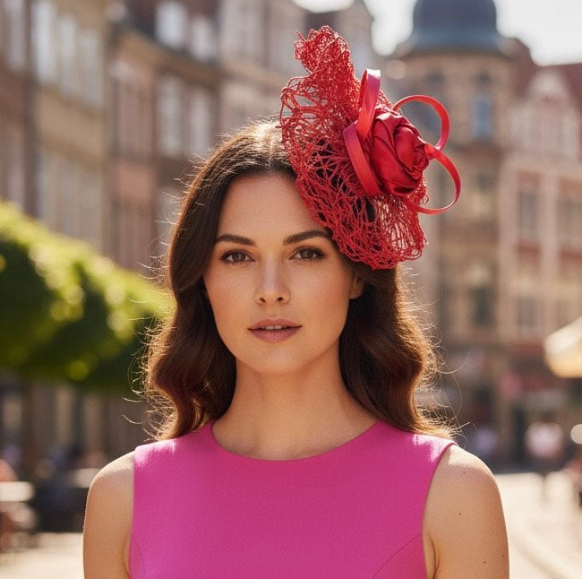 Twisted Bliss Disc Fascinator in Hot Pink /Red Carol Bader Design