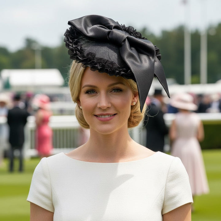 French Connection Ruffled Disc Headpiece all Black Carol Bader Design