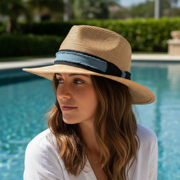 Raffia Beach Gambler with Blue Trim